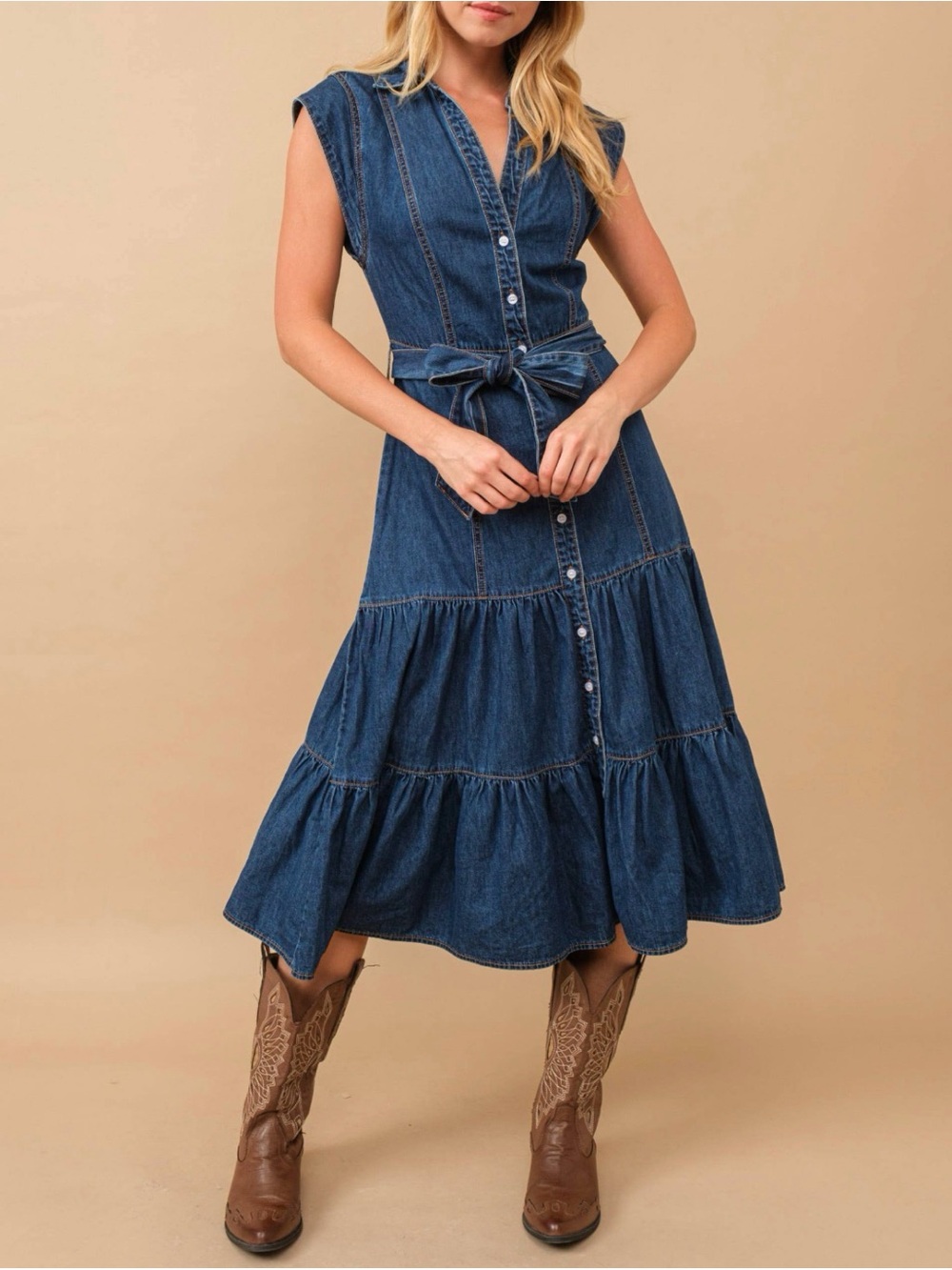 Dark Blue Denim Midi Dress with Tie Waist